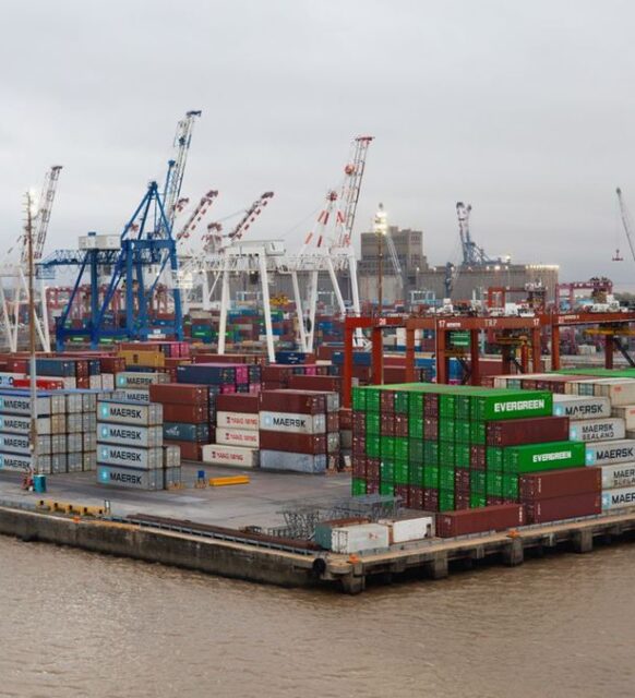 Terminal de contenedores con grúas pórtico y contenedores apilados